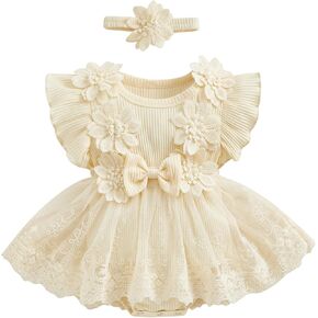 Infant Baby Girl Floral Embroidery Lace Tulle Romper Dress Sleeveless Ruffle Tutu Bodysuit Birthday Baptism Outfit