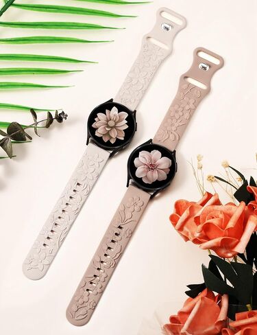 TOYOUTHS 2 حزمة من الأساور المنقوشة بالزهور الوردية متوافقة مع ساعة Samsung Galaxy Watch 7/6/5/4 بسوار 40 مم 44 مم، حزام زهور منقوش من السيليكون للنساء 20 مم لساعة Active 2/Watch 5 Pro 45 مم، ضوء النجوم/عاري in Saudi Arabia