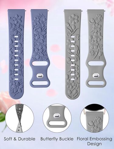 TOYOUTHS 2 حزمة من الأساور المنقوشة بالزهور الوردية متوافقة مع ساعة Samsung Galaxy Watch 7/6/5/4 بسوار 40 مم 44 مم، حزام زهور منقوش من السيليكون للنساء 20 مم لساعة Active 2/Watch 5 Pro 45 مم، ضوء النجوم/عاري in Saudi Arabia