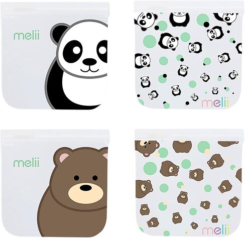 melii Reusable Sandwich & Snack Bags for Kids & Adults, Food Storage, Organization & Meal Prep Containers, Leakproof, BPA free, 4 Pack, 2 Panda & 2 Bear in Saudi Arabia
