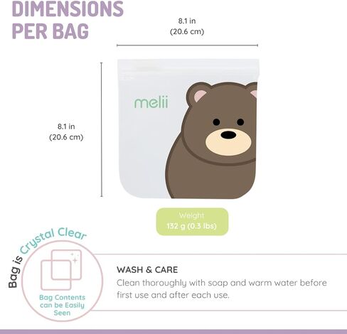 melii Reusable Sandwich & Snack Bags for Kids & Adults, Food Storage, Organization & Meal Prep Containers, Leakproof, BPA free, 4 Pack, 2 Panda & 2 Bear in Saudi Arabia