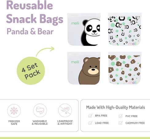 melii Reusable Sandwich & Snack Bags for Kids & Adults, Food Storage, Organization & Meal Prep Containers, Leakproof, BPA free, 4 Pack, 2 Panda & 2 Bear in Saudi Arabia