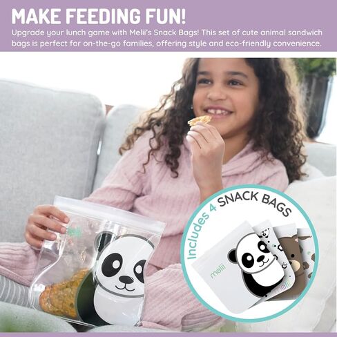 melii Reusable Sandwich & Snack Bags for Kids & Adults, Food Storage, Organization & Meal Prep Containers, Leakproof, BPA free, 4 Pack, 2 Panda & 2 Bear in Saudi Arabia