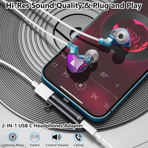 Coolen USB C Adapter USB C to 3.5mm Audio Adapter Aux to USB C Headphone Splitter Jack to USB C Adapter and Charging 2 in 1 Compatible with iPhone 15 Pro Max,Galaxy S24 S23 Ultra S22 S21 Black in Kuwait