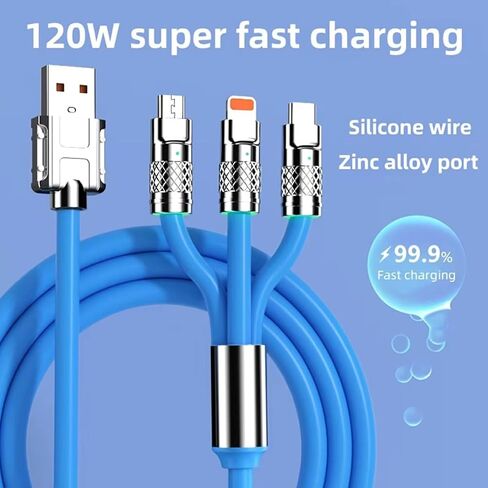 3 in 1 Multi Charging Cable 6.6FT,120w Chubby Fast-Charging,Cable USB with Type-C/Micro USB/IP Connectors for, android, IOS,Iphone,ipad Phones, Tablets and Electronics, BLUE in Saudi Arabia