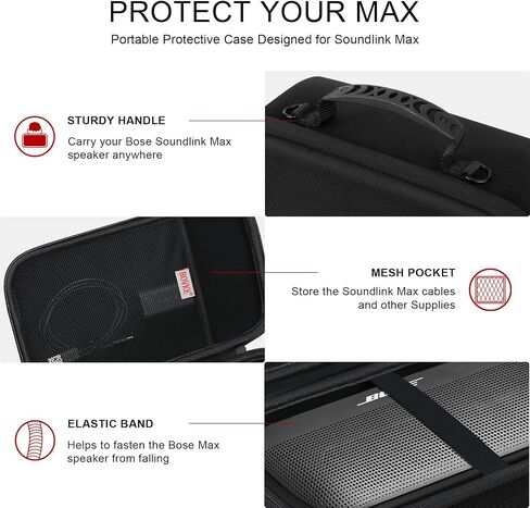 حافظة مكبر صوت صلبة للسفر من BOVKE متوافقة مع مكبر صوت Bose SoundLink Max المحمول الجديد، حامل مكبر صوت بلوتوث SoundLink Max كبير مقاوم للماء مع جيب شبكي لكابلات الشحن، أسود in Saudi Arabia