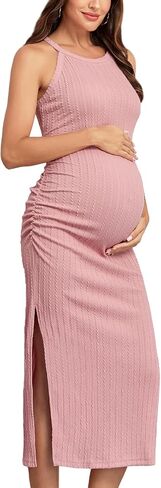 2024 Ribbed Summer Maternity Bodycon Dress Sleeveless Halter Neck Ruched Slit Pregnancy Long Dress Baby Shower Casual in Saudi Arabia