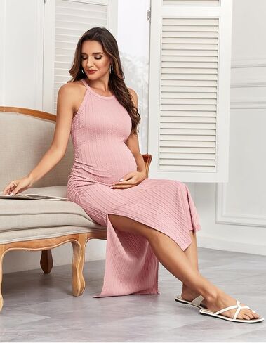 2024 Ribbed Summer Maternity Bodycon Dress Sleeveless Halter Neck Ruched Slit Pregnancy Long Dress Baby Shower Casual in Saudi Arabia