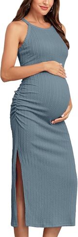 2024 Ribbed Summer Maternity Bodycon Dress Sleeveless Halter Neck Ruched Slit Pregnancy Long Dress Baby Shower Casual in Saudi Arabia