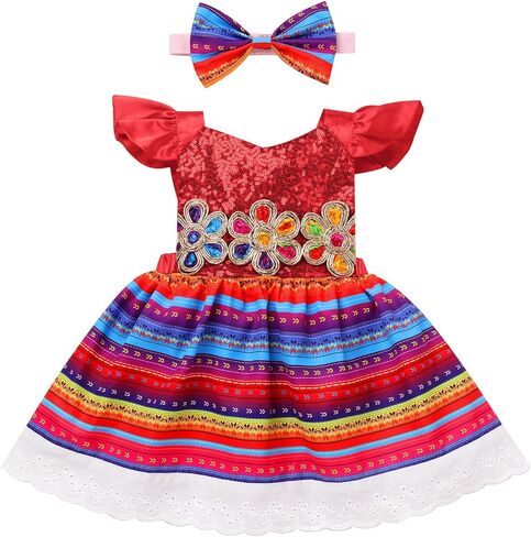 Baby Girls Mexican Sequins Colorful Ruffle Dress and Headband Toddler Cinco De Mayo Traditional Ethnic Wear Outfit in Saudi Arabia
