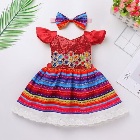 Baby Girls Mexican Sequins Colorful Ruffle Dress and Headband Toddler Cinco De Mayo Traditional Ethnic Wear Outfit in Saudi Arabia