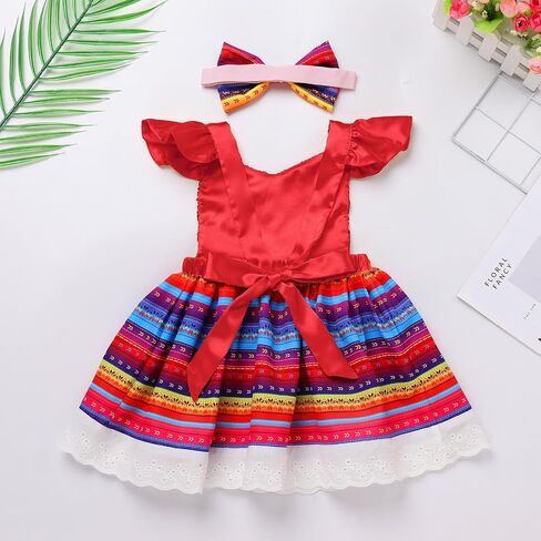 Baby Girls Mexican Sequins Colorful Ruffle Dress and Headband Toddler Cinco De Mayo Traditional Ethnic Wear Outfit in Saudi Arabia