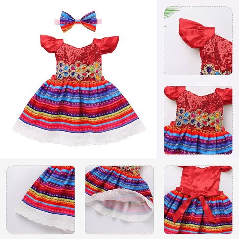 Baby Girls Mexican Sequins Colorful Ruffle Dress and Headband Toddler Cinco De Mayo Traditional Ethnic Wear Outfit in Saudi Arabia