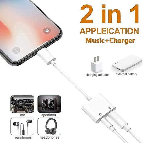 lezaface 2 حزمة محول مقبس سماعة الرأس Lightning إلى 3.5 مم، [معتمد من Apple MFi] محول شاحن iPhone 2 في 1 ومحول مقسم كابل Aux Audio Dongle متوافق مع iPhone 14 13 12 11 XS XR 8 7 in Kuwait