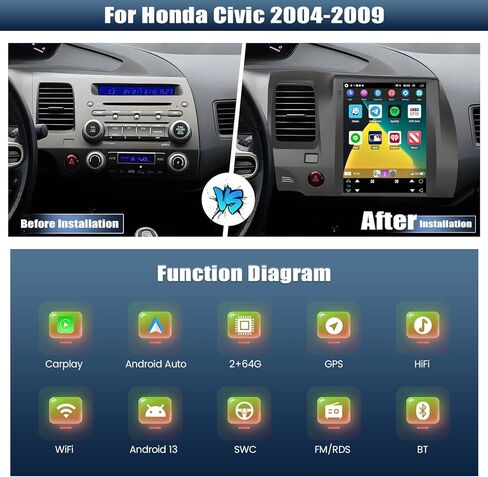 [2+64G] ستيريو سيارة Android 13 لسيارة Honda Civic 2004-2009 مع Apple Carplay&Android Auto، راديو سيارة بشاشة تعمل باللمس 9.7 بوصة مع GPS WiFi Bluetooth FM/RDS Radio SWC Dual USB/AUX-in+كاميرا احتياطية in Saudi Arabia