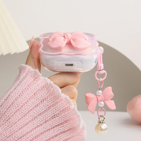 متوافق مع غطاء حافظة Apple AirPods 3 Generation 2021، تصميم لطيف ثلاثي الأبعاد على شكل ربطة عنق مقاوم للصدمات وناعم وشفاف من مادة TPU Kawaii Airpods 3 مع سلسلة مفاتيح للنساء والفتيات، وردي فيونكة in Kuwait