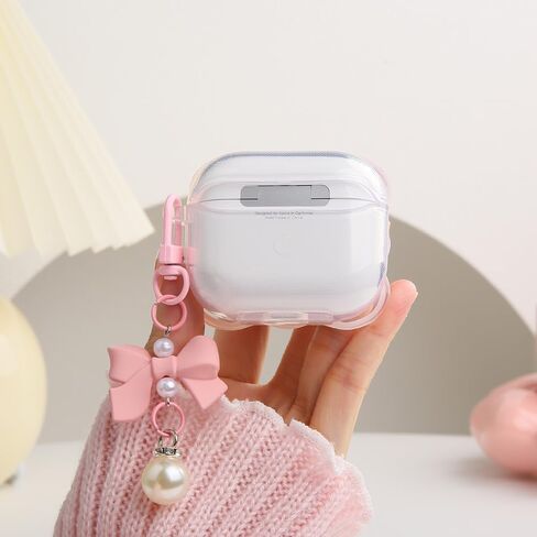 متوافق مع غطاء حافظة Apple AirPods 3 Generation 2021، تصميم لطيف ثلاثي الأبعاد على شكل ربطة عنق مقاوم للصدمات وناعم وشفاف من مادة TPU Kawaii Airpods 3 مع سلسلة مفاتيح للنساء والفتيات، وردي فيونكة in Kuwait