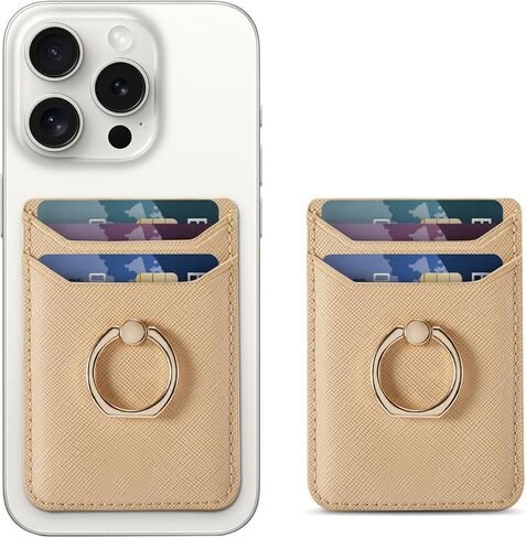 حامل بطاقة الائتمان لحافظة الهاتف، مرفق محفظة لاصقة RFID لحافظة الهاتف مع حامل حلقة الإصبع على معظم الهواتف الذكية لهواتف iPhone وGalaxy وGoogle، جلد نباتي ذهبي in Kuwait