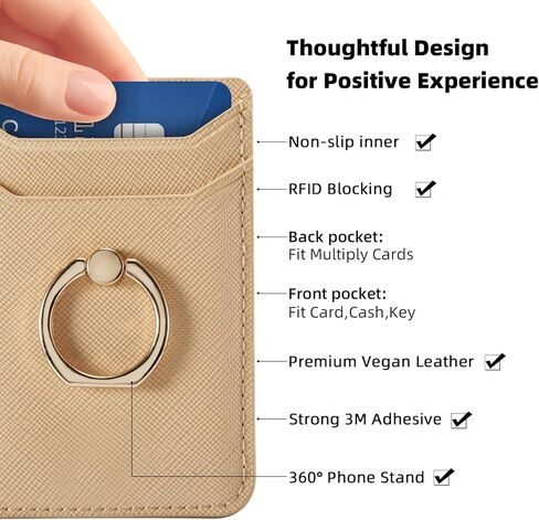 حامل بطاقة الائتمان لحافظة الهاتف، مرفق محفظة لاصقة RFID لحافظة الهاتف مع حامل حلقة الإصبع على معظم الهواتف الذكية لهواتف iPhone وGalaxy وGoogle، جلد نباتي ذهبي in Kuwait