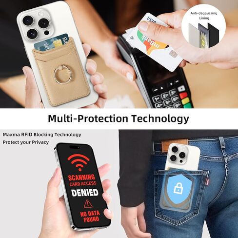 حامل بطاقة الائتمان لحافظة الهاتف، مرفق محفظة لاصقة RFID لحافظة الهاتف مع حامل حلقة الإصبع على معظم الهواتف الذكية لهواتف iPhone وGalaxy وGoogle، جلد نباتي ذهبي in Kuwait