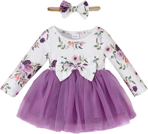 Mioglrie Baby Girl Dress Infant Girl Fall Winter Long Sleeve Tutu Dresses | Ruffle Floral Tulle Dress，3-24 Months，Matching Headband，Family Photo Outfits，Daily Leisure，Birthdays，Festival，Parties in Saudi Arabia