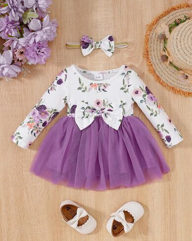 Mioglrie Baby Girl Dress Infant Girl Fall Winter Long Sleeve Tutu Dresses | Ruffle Floral Tulle Dress，3-24 Months，Matching Headband，Family Photo Outfits，Daily Leisure，Birthdays，Festival，Parties in Saudi Arabia