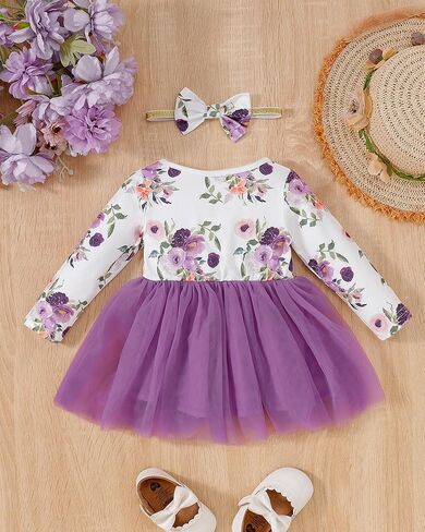 Mioglrie Baby Girl Dress Infant Girl Fall Winter Long Sleeve Tutu Dresses | Ruffle Floral Tulle Dress，3-24 Months，Matching Headband，Family Photo Outfits，Daily Leisure，Birthdays，Festival，Parties in Saudi Arabia