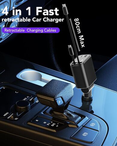 HATALKIN Retractable Car Charger, 69W Smaller 4 in 1 Fast Car Phone Charger, 2 Retractable Cables and USB C Car Charger, Car Charger Adapter for iPhone 15/Pro Max/14/13/12/11/ iPad Pro/Samsung/Pixel in Kuwait