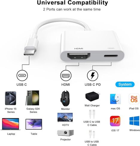 محول USB C إلى HDMI، مخرج صوت فيديو 1080P USB من النوع C إلى HDMI 4K مع محول منفذ شحن 100 واط من النوع C متوافق مع iPhone 15/15 Plus/15 Pro/15 Pro Max، iPad Pro، Galaxy S24/S23/S22 in Kuwait