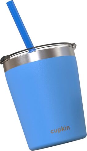 CUPKIN Toddler Cups with Straws, The Original 8 oz Stackable Stainless Steel Baby Straw Cup, Set of 2 Kids Cups, Powder Coated Insulated Kids Tumblers, No BPA Lids + Silicone Straws (Blue + Green) in Saudi Arabia