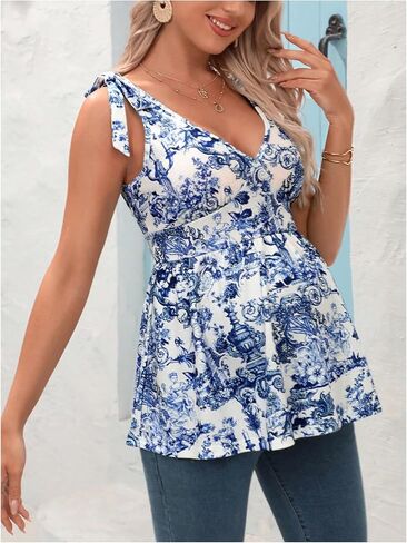 MakeMeChic Women's Maternity Tank Top Boho Floral Tie Shoulder Sleeveless V Neck Peplum Tops in Saudi Arabia