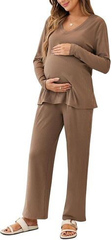 Women's Maternity Pajamas Sets 2 Piece Ribbed Outfits Long Sleeve V Neck Pullover and Long Pant Pregnancy Loungewear in Saudi Arabia