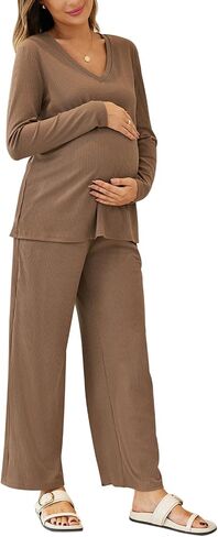 Women's Maternity Pajamas Sets 2 Piece Ribbed Outfits Long Sleeve V Neck Pullover and Long Pant Pregnancy Loungewear in Saudi Arabia
