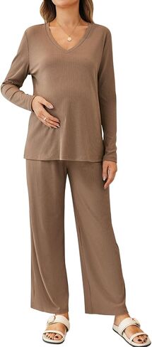 Women's Maternity Pajamas Sets 2 Piece Ribbed Outfits Long Sleeve V Neck Pullover and Long Pant Pregnancy Loungewear in Saudi Arabia