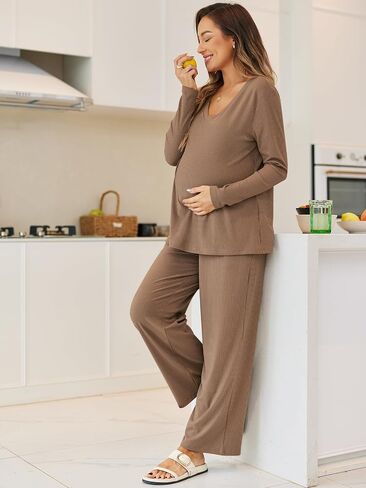 Women's Maternity Pajamas Sets 2 Piece Ribbed Outfits Long Sleeve V Neck Pullover and Long Pant Pregnancy Loungewear in Saudi Arabia
