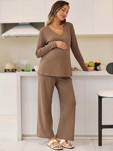 Women's Maternity Pajamas Sets 2 Piece Ribbed Outfits Long Sleeve V Neck Pullover and Long Pant Pregnancy Loungewear in Saudi Arabia