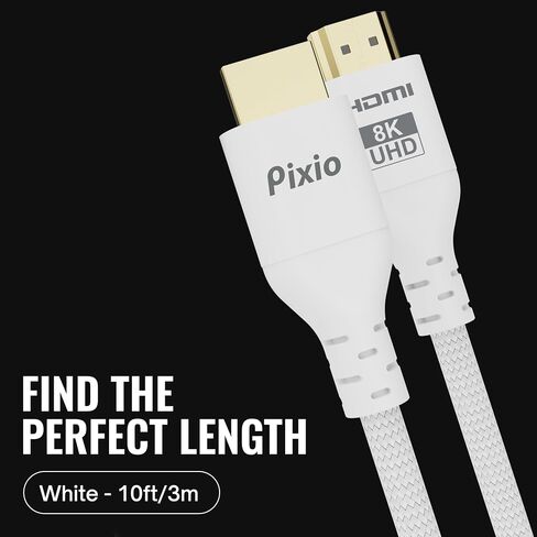 Pixio White 8K HDMI 2.1 Cable Ultra Certified Ultra High Speed 10FT 8K 60Hz 4K 120Hz Nylon Braided, Gold Plated Connector, Anti-breakage, HDR10+, dtsx, eARC, HDCP, Dolby Compatible in Saudi Arabia