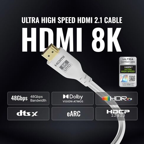 Pixio White 8K HDMI 2.1 Cable Ultra Certified Ultra High Speed 10FT 8K 60Hz 4K 120Hz Nylon Braided, Gold Plated Connector, Anti-breakage, HDR10+, dtsx, eARC, HDCP, Dolby Compatible in Saudi Arabia