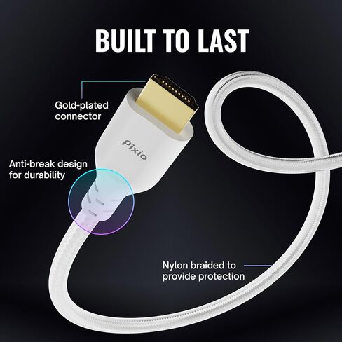 Pixio White 8K HDMI 2.1 Cable Ultra Certified Ultra High Speed 10FT 8K 60Hz 4K 120Hz Nylon Braided, Gold Plated Connector, Anti-breakage, HDR10+, dtsx, eARC, HDCP, Dolby Compatible in Saudi Arabia