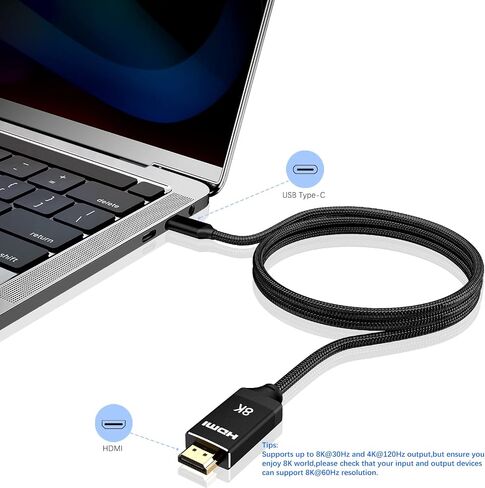 كابل USB C إلى HDMI 8K@60 هرتز، 4K@120 هرتز، 48 جيجابت في الثانية عالي السرعة، محول كابل USB من النوع C إلى HDMI بطول 6 أقدام لرحلة العمل أو المكتب المنزلي، متوافق مع أجهزة MacBook وiPad Pro وPS5 وXbox وSwitch in Saudi Arabia