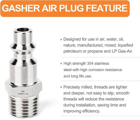 GASHER 10PCS Industrial Air Plug, 304 Stainless Steel 1/4"NPT Male, 1/4" High Flow Pneumatic Plugs in Saudi Arabia