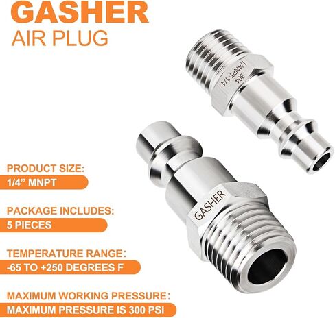 GASHER 10PCS Industrial Air Plug, 304 Stainless Steel 1/4"NPT Male, 1/4" High Flow Pneumatic Plugs in Saudi Arabia