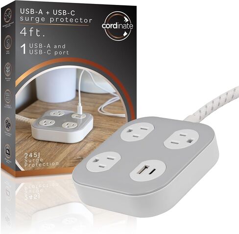 Cordinate Adapt 3 Outlet Surge Protector, 4 Ft Power Strip Extension Cord, USB Port, USB-C Port, for Home, School or Office, 245 Joules, ETL Listed, Black/Gray – 82574 in Saudi Arabia