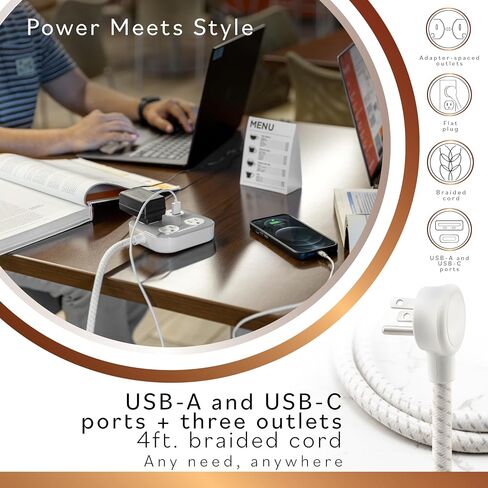 Cordinate Adapt 3 Outlet Surge Protector, 4 Ft Power Strip Extension Cord, USB Port, USB-C Port, for Home, School or Office, 245 Joules, ETL Listed, Black/Gray – 82574 in Saudi Arabia