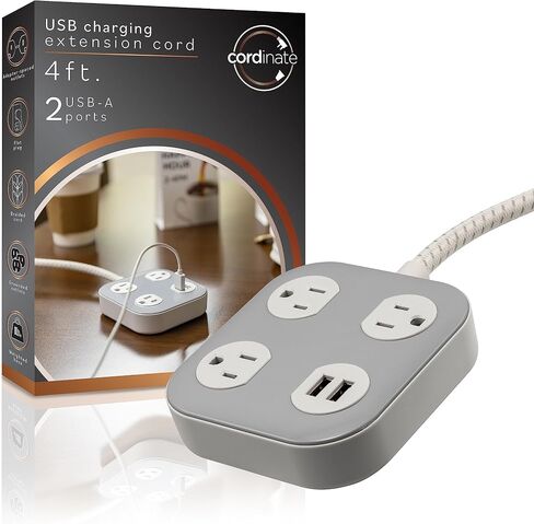 Cordinate Adapt 3 Outlet Surge Protector, 4 Ft Power Strip Extension Cord, USB Port, USB-C Port, for Home, School or Office, 245 Joules, ETL Listed, Black/Gray – 82574 in Saudi Arabia