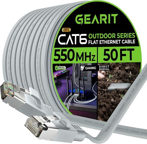 GearIT Cat 6 Outdoor Flat Ethernet Cable (50ft, Gray) Direct Burial Rated LLDPE Jacket - Indoor Cat6 Shielded FTP 10Gbps High Speed Gaming Computer Network RJ45 Snagless Patch Cord Internet in Kuwait