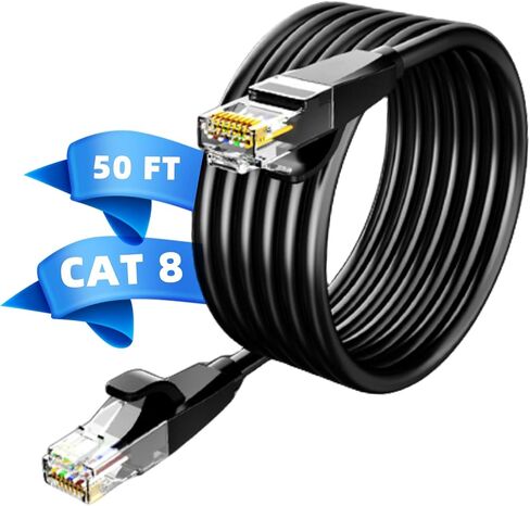Cat 8 Ethernet Cable 50 ft, High Speed Flat Network Cable, 40Gbps, 2000Mhz Braided High Duty Long Ethernet Cable, Gold Plated RJ45 Connector for Gaming, Router, Modem, PC, PS4, PS5 in Saudi Arabia
