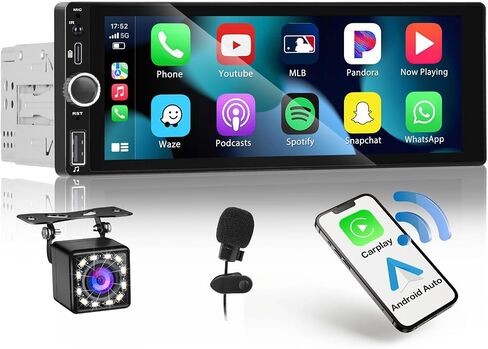 راديو سيارة Hikity 6.9 بوصة لاسلكي Apple Carplay Android Auto، ستيريو سيارة بشاشة لمس واحدة Din مع بلوتوث 5.0، وصلة مرآة، FM، EQ، USB، SWC، ميكروفون، كاميرا احتياطية من النوع C in Saudi Arabia