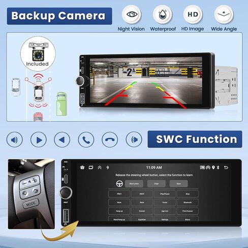 راديو سيارة Hikity 6.9 بوصة لاسلكي Apple Carplay Android Auto، ستيريو سيارة بشاشة لمس واحدة Din مع بلوتوث 5.0، وصلة مرآة، FM، EQ، USB، SWC، ميكروفون، كاميرا احتياطية من النوع C in Saudi Arabia