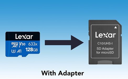 بطاقة Lexar 633x 128GB Micro SD، بطاقة microSDXC UHS-I + محول SD، بطاقة ذاكرة microSD تصل إلى 100 ميجابايت/ثانية للقراءة، A1، الفئة 10، U3، V30، بطاقة TF للهواتف الذكية/الأجهزة اللوحية/كاميرات IP (LMS0633128G-BNAAA) in Saudi Arabia